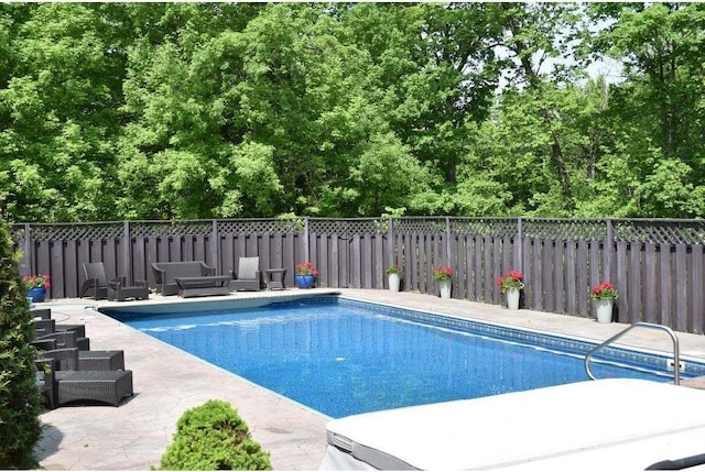 view of swimming pool featuring fence, a patio, and a fenced in pool