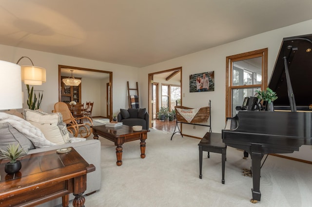 living area featuring light colored carpet