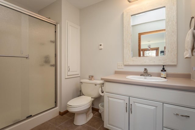 full bath with vanity, tile patterned flooring, a stall shower, and toilet