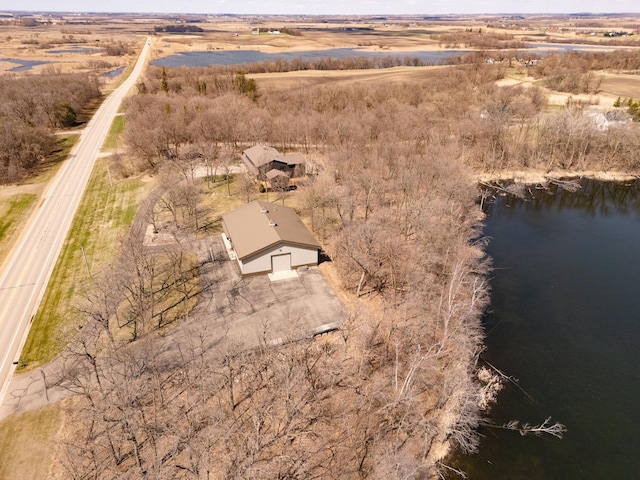 aerial view featuring a water view and a rural view