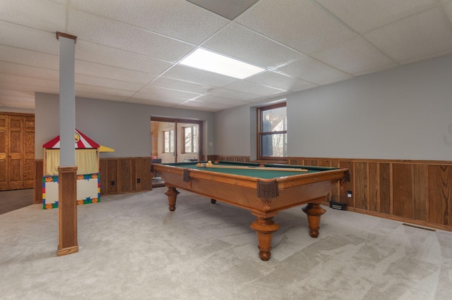 game room with wainscoting, pool table, carpet flooring, and a paneled ceiling