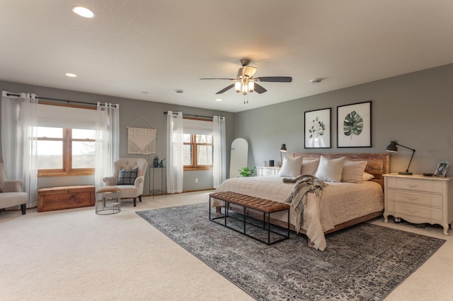 bedroom with carpet, recessed lighting, and ceiling fan