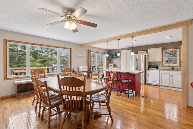 14921 Zeolite St NW, Ramsey, MN 55303 - dining space with ceiling fan, a textured ceiling, baseboards, and light wood-style floors