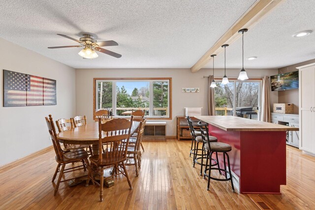14921 Zeolite St NW, Ramsey, MN 55303 - dining space featuring baseboards, light wood-style flooring, ceiling fan, and a textured ceiling