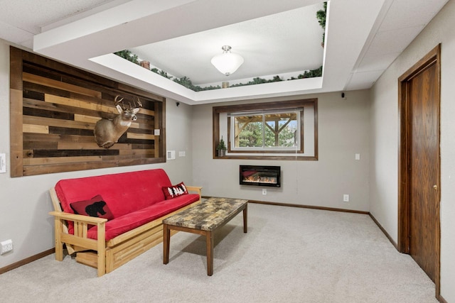14921 Zeolite St NW, Ramsey, MN 55303 - living area with baseboards, a raised ceiling, a glass covered fireplace, and carpet floors