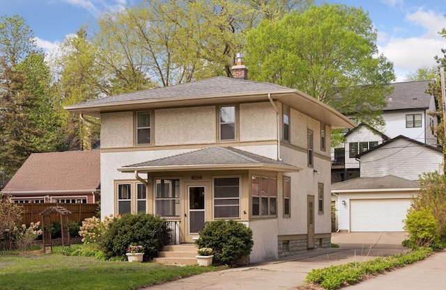 4034 Abbott Ave S, Minneapolis, MN 55410 - view of front of house with fence, stucco siding, a chimney, and a garage