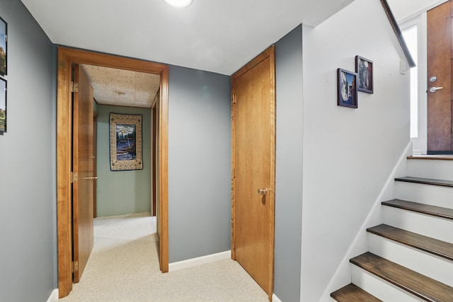 stairway featuring baseboards and carpet