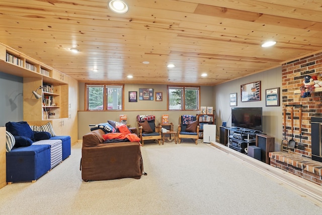 carpeted living area featuring wooden ceiling, a fireplace, and recessed lighting