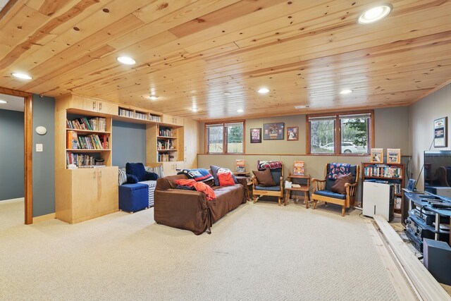 living area with carpet floors, recessed lighting, built in features, and wooden ceiling