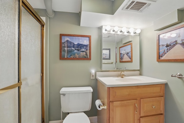full bathroom with visible vents, an enclosed shower, toilet, and vanity