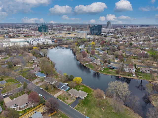 drone / aerial view with a water view