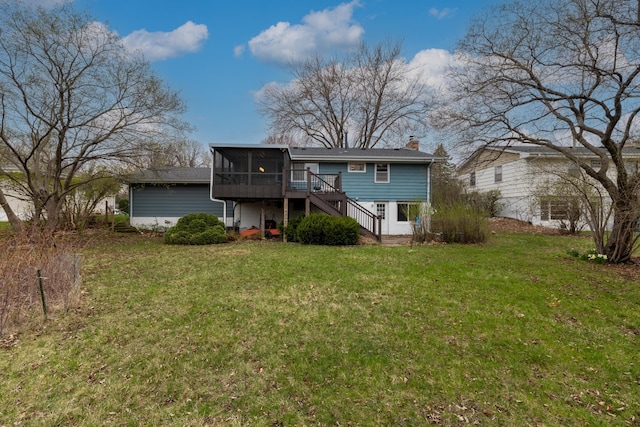 8307 Johnson Ave S, Bloomington, MN 55437 - rear view of property featuring a sunroom, stairway, a chimney, and a lawn