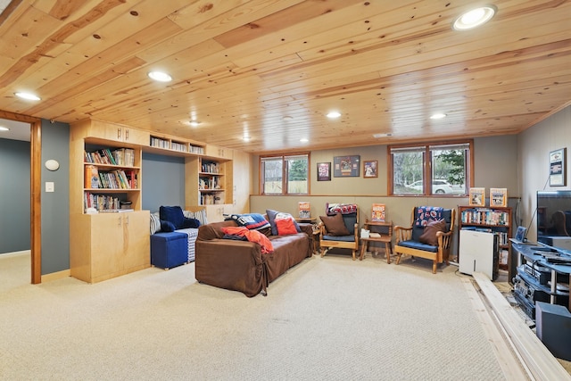 8307 Johnson Ave S, Bloomington, MN 55437 - living area with carpet floors, wood ceiling, recessed lighting, and built in shelves