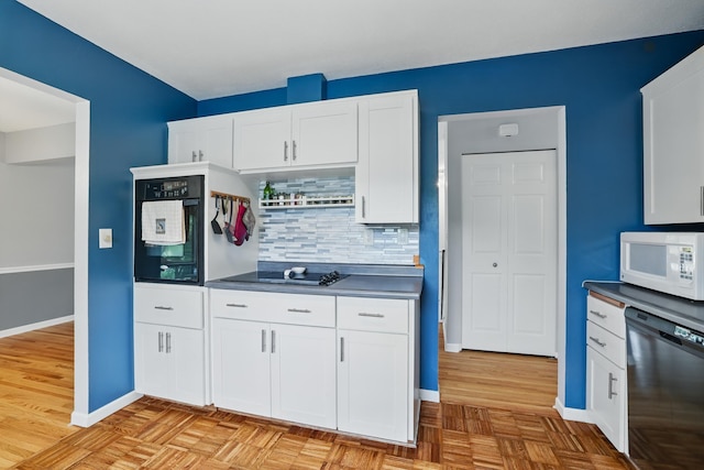 8307 Johnson Ave S, Bloomington, MN 55437 - kitchen with dishwasher, white microwave, tasteful backsplash, dark countertops, and white cabinetry