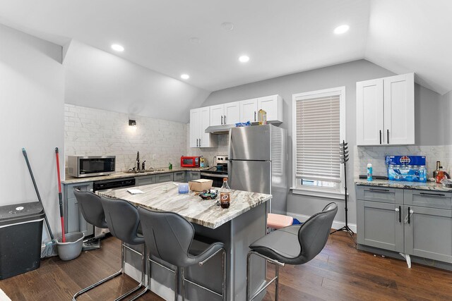 936 Westminster St, Saint Paul, MN 55130 - kitchen featuring stainless steel appliances, lofted ceiling, decorative backsplash, a sink, and dark wood-type flooring