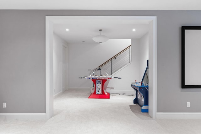 rec room featuring carpet flooring, recessed lighting, and baseboards