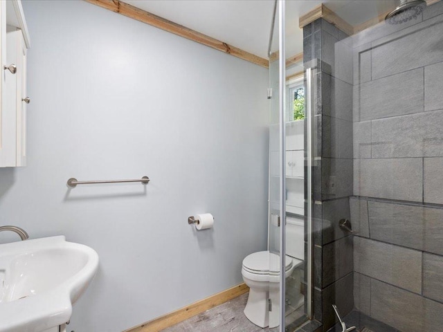 6274 Azalea Rd, Motley Twp, MN 56466 - full bath with toilet, a sink, a shower stall, wood finished floors, and baseboards