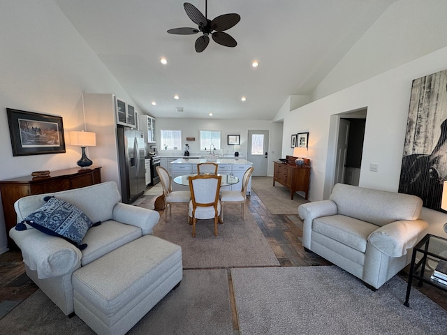 92620 Palon Rd, Sturgeon Lake, MN 55783 - living area with high vaulted ceiling, a ceiling fan, and recessed lighting