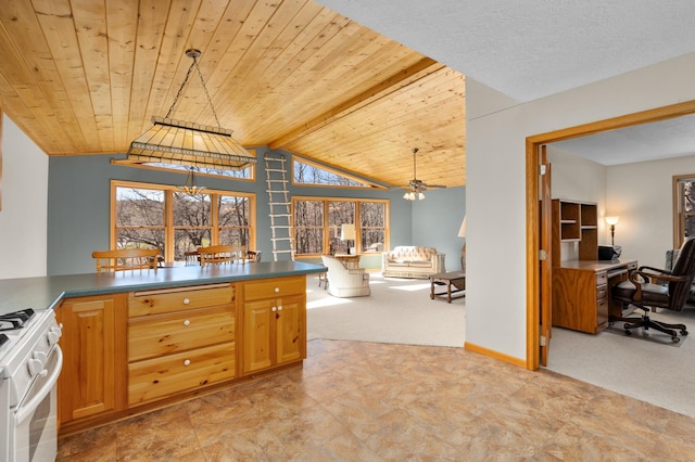 kitchen with plenty of natural light, light carpet, and white gas range