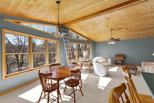 dining area with wood ceiling, vaulted ceiling with beams, baseboards, and carpet flooring