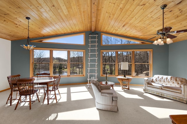 carpeted living area featuring baseboards, a ceiling fan, wood ceiling, and lofted ceiling