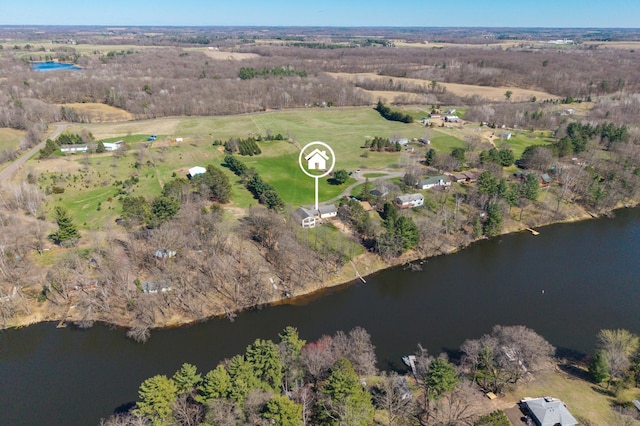 drone / aerial view with a water view and a rural view