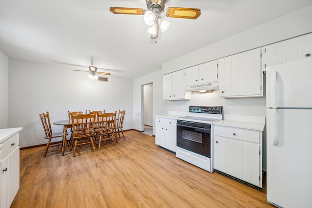 kitchen with freestanding refrigerator, range with electric stovetop, ceiling fan, under cabinet range hood, and light countertops