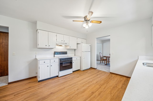 kitchen featuring white appliances, under cabinet range hood, light countertops, light wood-style floors, and ceiling fan