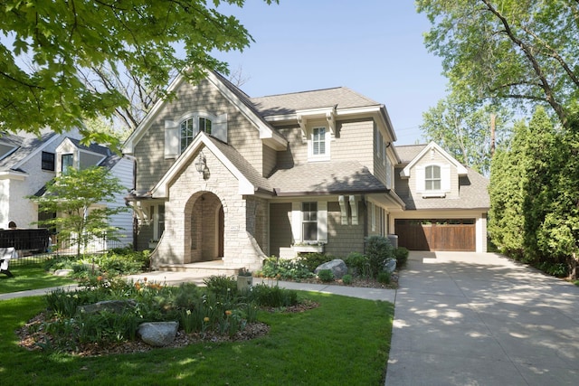 4812 Maple Rd, Edina, MN 55424 - view of front of house featuring driveway, stone siding, a garage, a shingled roof, and a front yard