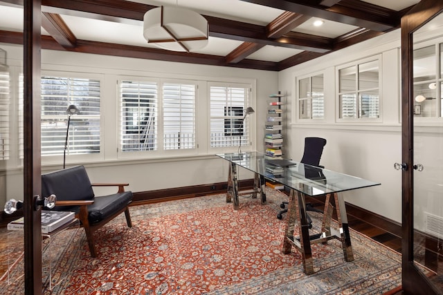 4812 Maple Rd, Edina, MN 55424 - office space with coffered ceiling, wood finished floors, baseboards, beamed ceiling, and ornamental molding