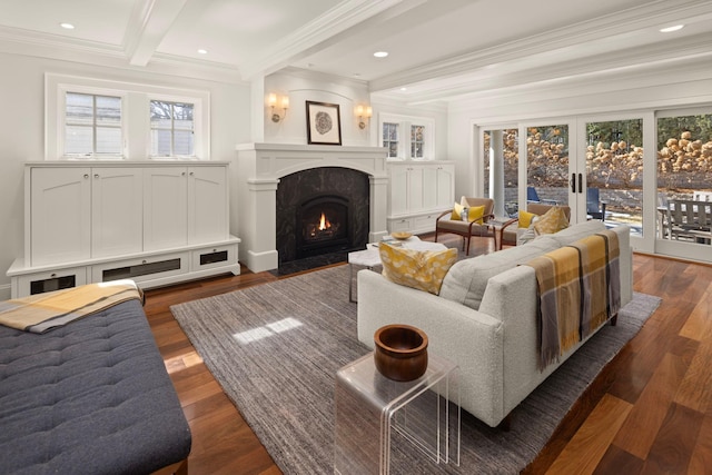 4812 Maple Rd, Edina, MN 55424 - living area with beam ceiling, a fireplace, wood finished floors, recessed lighting, and crown molding