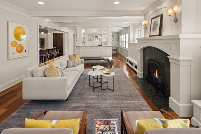4812 Maple Rd, Edina, MN 55424 - living room with dark wood-style flooring, ornamental molding, a high end fireplace, baseboards, and recessed lighting