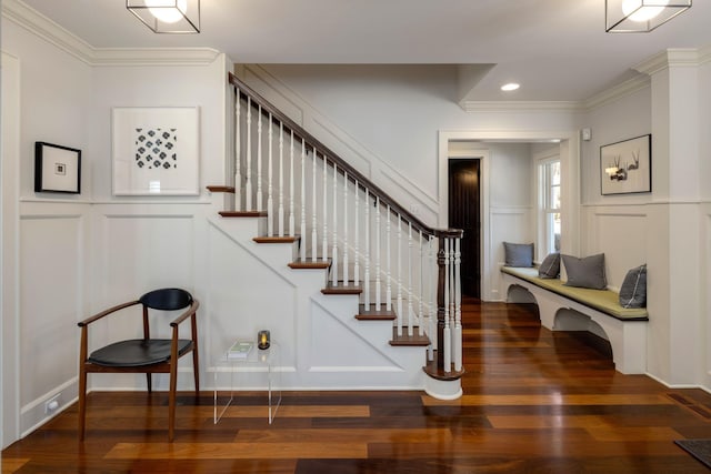 4812 Maple Rd, Edina, MN 55424 - stairway with a decorative wall, wood finished floors, ornamental molding, and recessed lighting