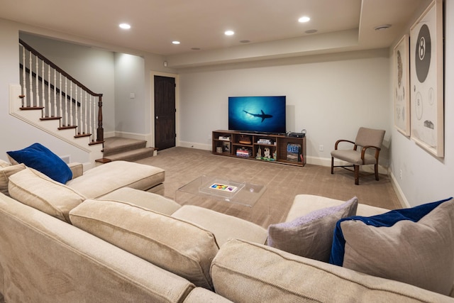 4812 Maple Rd, Edina, MN 55424 - living room with light carpet, stairs, recessed lighting, and baseboards