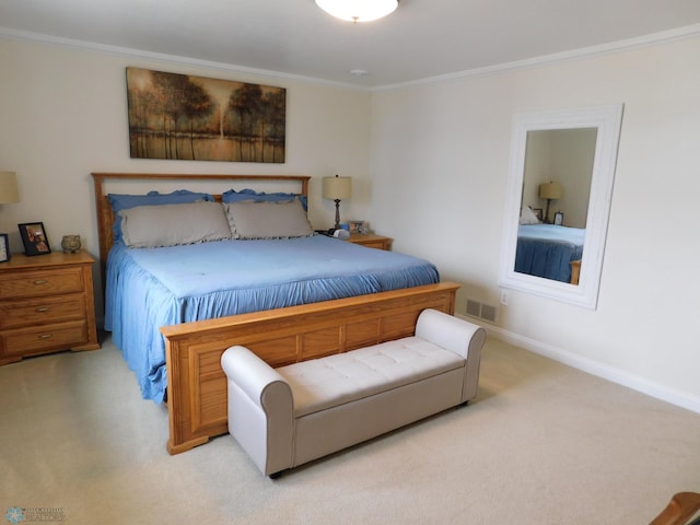 bedroom with baseboards, crown molding, visible vents, and light colored carpet