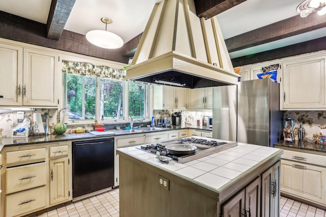 4810 Marystone Blvd NW, Andover, MN 55304 - kitchen featuring custom range hood, tile counters, appliances with stainless steel finishes, backsplash, and beam ceiling