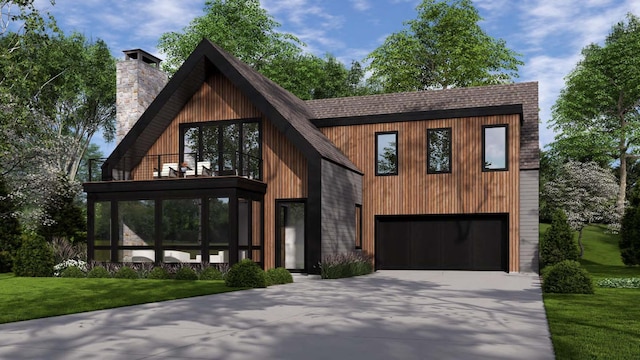 contemporary house featuring concrete driveway, a balcony, a front yard, a garage, and a chimney