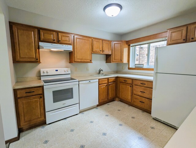 350 Ford Rd Unit 3, Saint Louis Park, MN 55426 - kitchen featuring white appliances, under cabinet range hood, a sink, light countertops, and brown cabinets