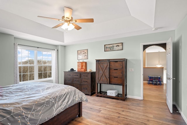 1810 Cherry Cir, Carver, MN 55315 - bedroom with wood finished floors, a tray ceiling, and a ceiling fan