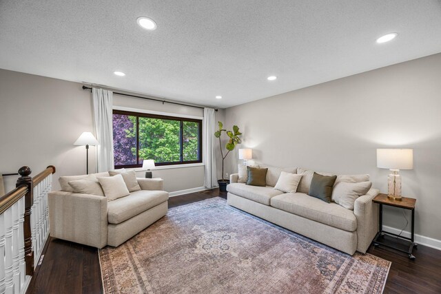 14445 Europa Ave, Apple Valley, MN 55124 - living room with dark wood finished floors, a textured ceiling, recessed lighting, and baseboards