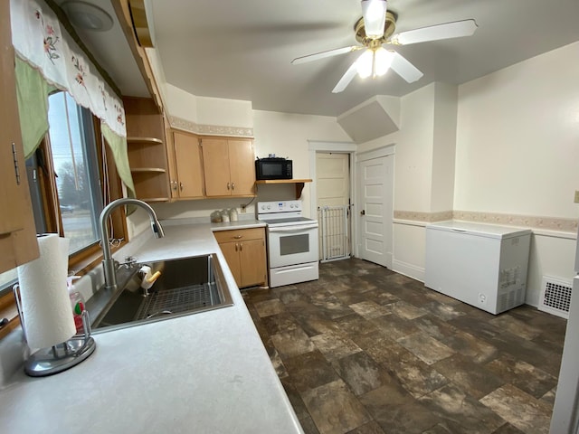 302 Church St, Saint Leo, MN 56264 - kitchen with light countertops, a sink, white range with electric cooktop, black microwave, and fridge