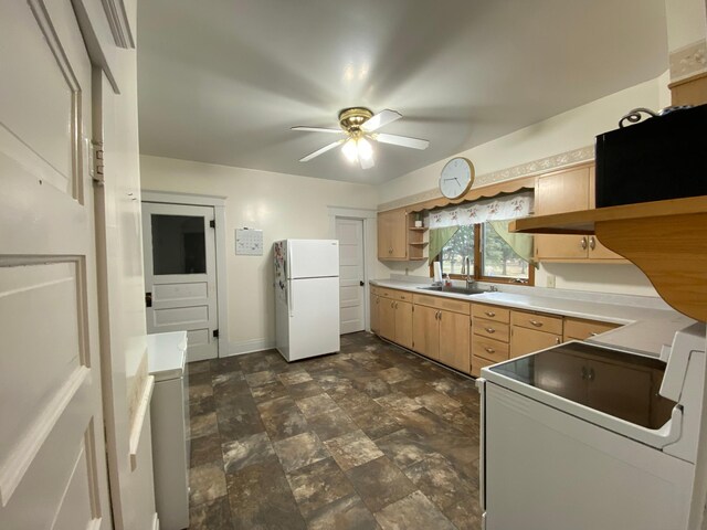 302 Church St, Saint Leo, MN 56264 - kitchen with open shelves, light brown cabinets, a sink, white appliances, and ceiling fan