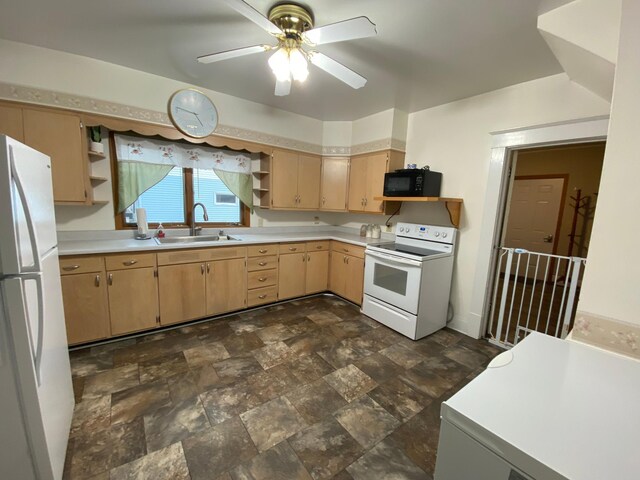 302 Church St, Saint Leo, MN 56264 - kitchen with a ceiling fan, open shelves, a sink, white appliances, and light countertops