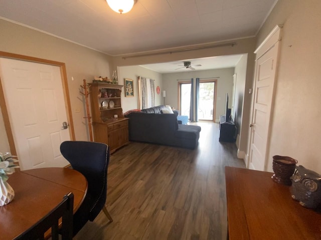 302 Church St, Saint Leo, MN 56264 - living room featuring wood finished floors, ceiling fan, and ornamental molding