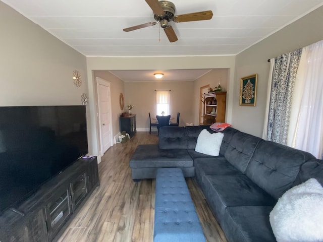 302 Church St, Saint Leo, MN 56264 - living area featuring baseboards, a ceiling fan, and light wood-type flooring
