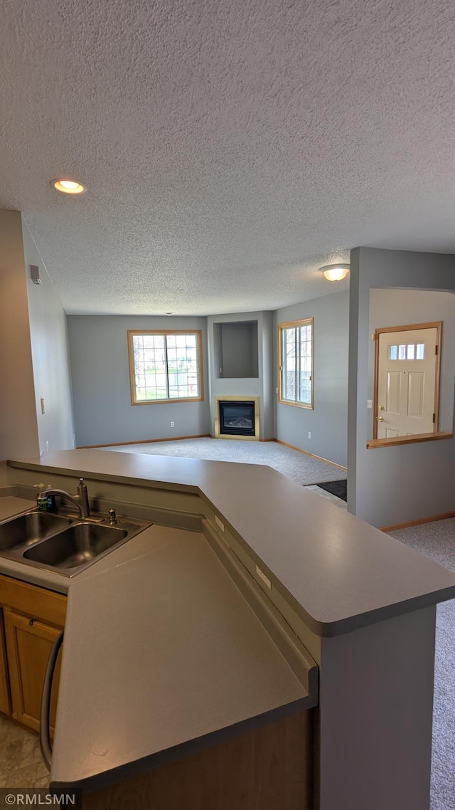 18061 96th Ave N, Maple Grove, MN 55311 - kitchen with a sink, a textured ceiling, open floor plan, plenty of natural light, and a glass covered fireplace