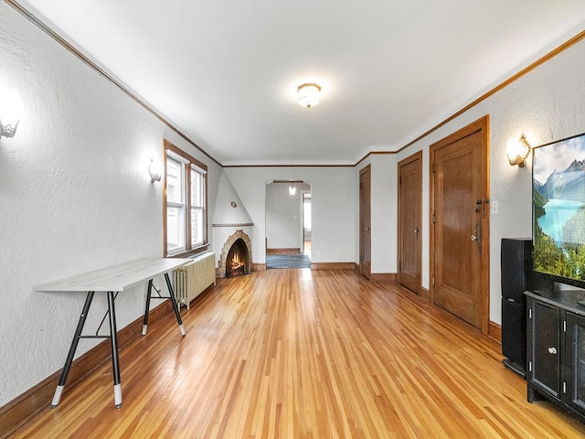 580 Snelling Ave S Unit 4, Saint Paul, MN 55116 - unfurnished living room featuring light wood-style flooring, radiator, a fireplace, crown molding, and a textured wall