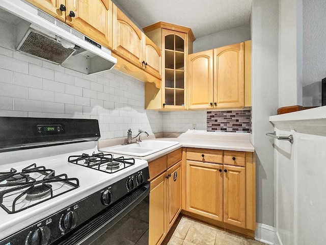 580 Snelling Ave S Unit 4, Saint Paul, MN 55116 - kitchen featuring under cabinet range hood, glass insert cabinets, range with gas stovetop, a sink, and decorative backsplash