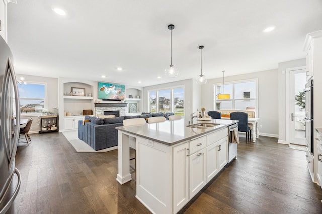 10914 23rd St NE, Saint Michael, MN 55376 - kitchen featuring stainless steel appliances, a stone fireplace, dark wood finished floors, a sink, and recessed lighting