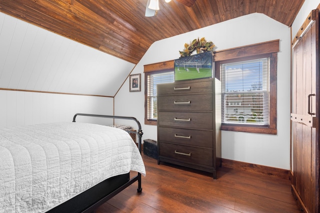 12 Oak Ave SE, Racine, MN 55967 - bedroom featuring lofted ceiling, dark wood-type flooring, wood ceiling, baseboards, and a ceiling fan